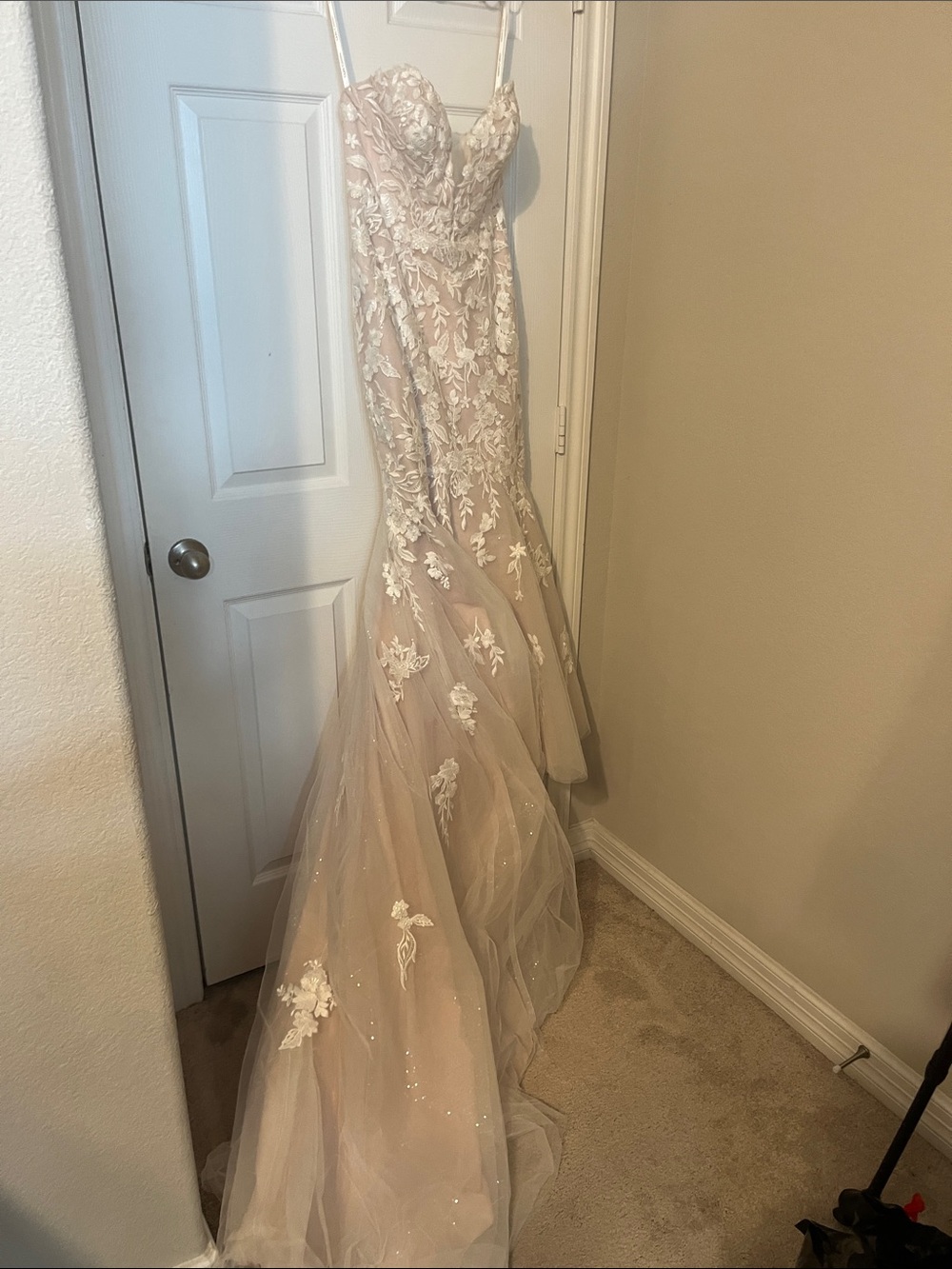 Oleg Cassini Blush and Ivory Lace Mermaid Gown